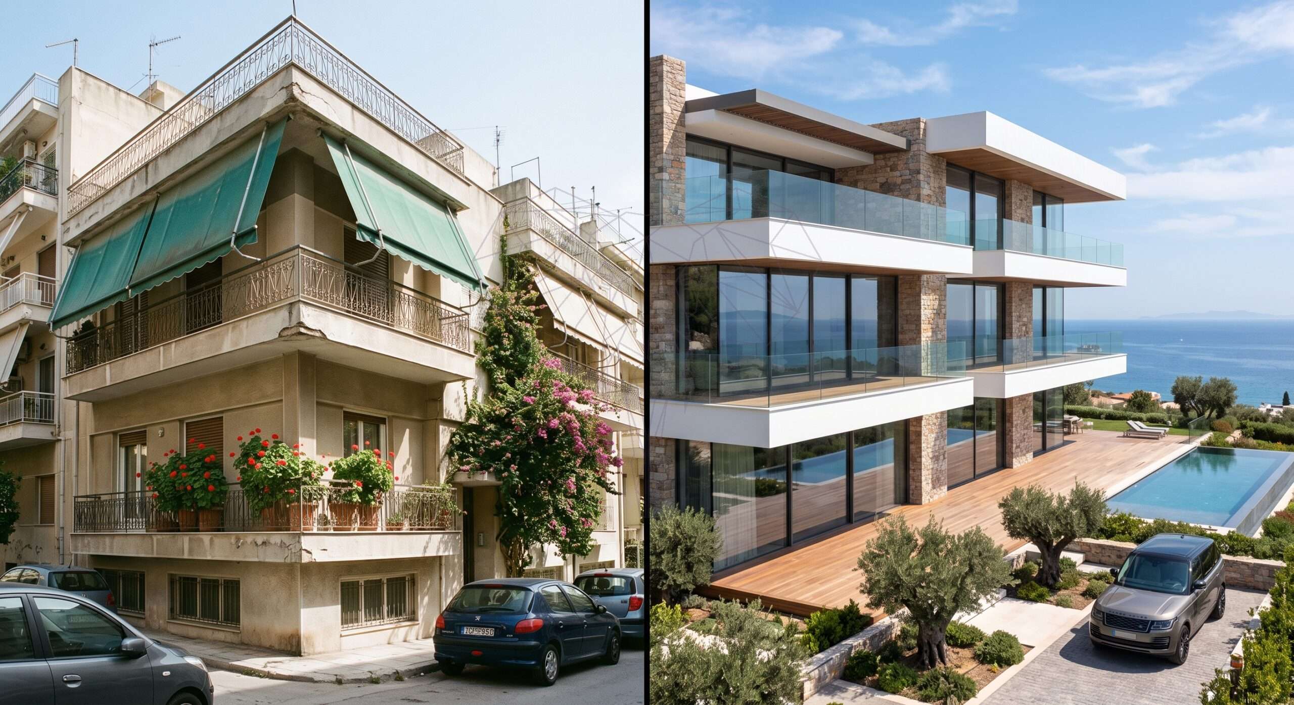 Παλιό διαμέρισμα δίπλα σε σύγχρονη πολυτελή βίλα