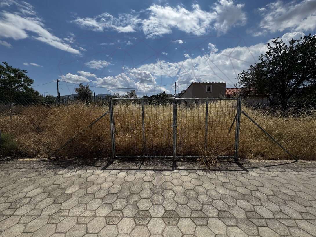 Μεταλλική πύλη μπροστά σε ξερόχορτα και σπίτι