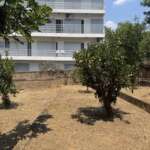 Ξερό προαύλιο με δέντρα μπροστά από πολυκατοικία